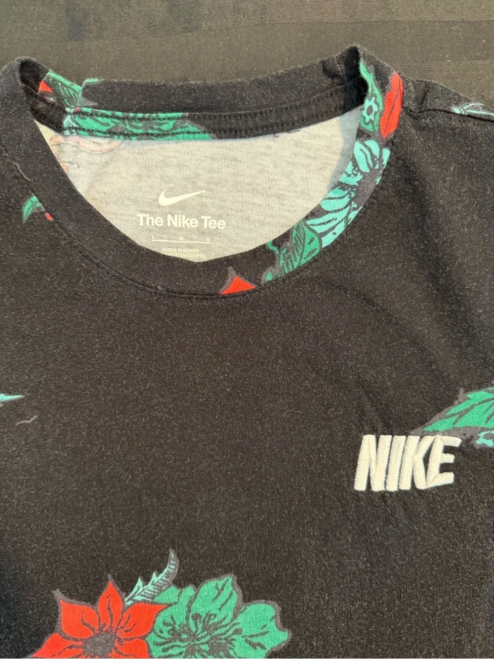 Nike Black Short Sleeve Tee with Red & Green Floral Print